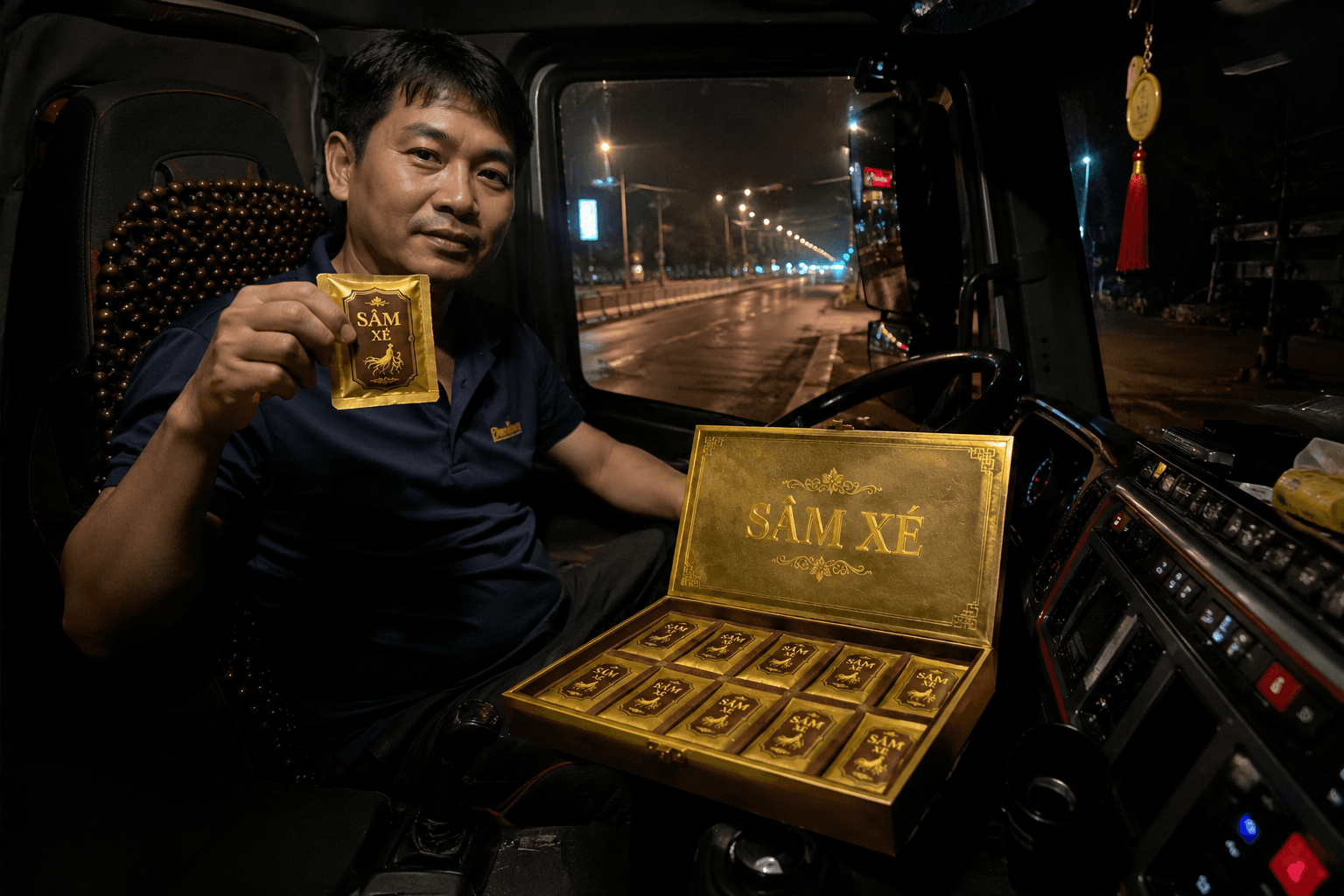 Bác tài cầm túi Sâm Xé trong ca bin lúc nửa đêm